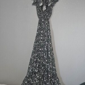 Astr Floral Twist-Front Maxi Dress in Black, Green, and White